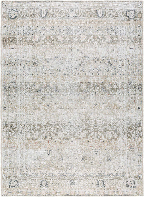 Close-up of the PNW Home Rainier Damask Light Brown Washable Rug, featuring a traditional, light brown and tan pattern. Design-Rectangle-5373