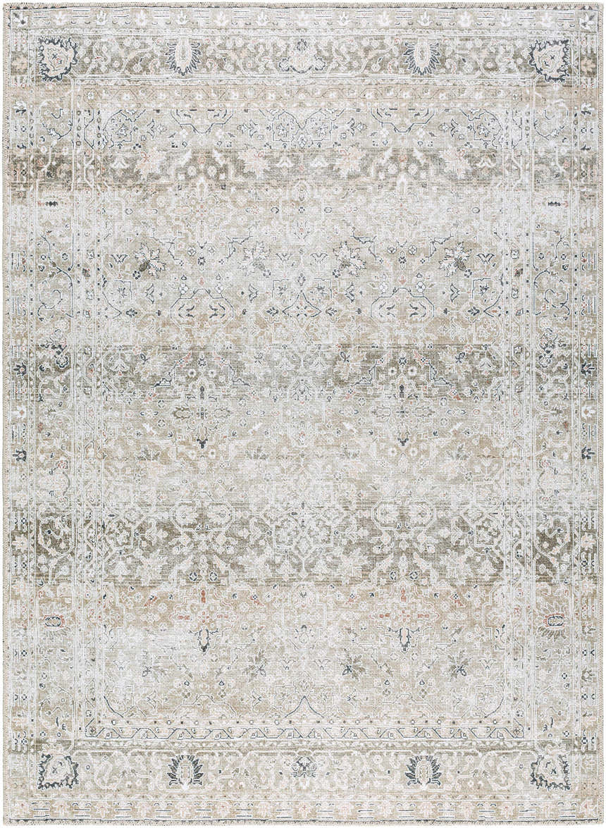 Close-up of the PNW Home Rainier Damask Light Brown Washable Rug, featuring a traditional, light brown and tan pattern. Design-Rectangle-5373