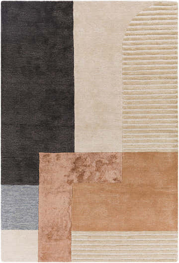 Close-up of Pofadder Viscose & Wool Patchwork Rug. Geometric design in blue, beige, charcoal, peach, and rust tones. Hand-tufted texture. Design-Rectangle-576