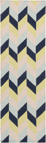 Close-up of Pojoaque Area Carpet. Hand-woven wool rug with a contemporary chevron pattern in dark blue, olive, pink, and pale blue. Design-Runner-268