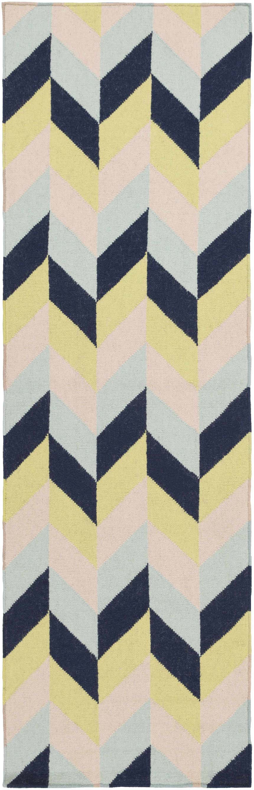 Close-up of Pojoaque Area Carpet. Hand-woven wool rug with a contemporary chevron pattern in dark blue, olive, pink, and pale blue. Design-Runner-268