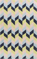 Hand woven Pojoaque Area Carpet with a contemporary chevron pattern in dark blue, pink, olive, and pale blue. Design-Rectangle-58