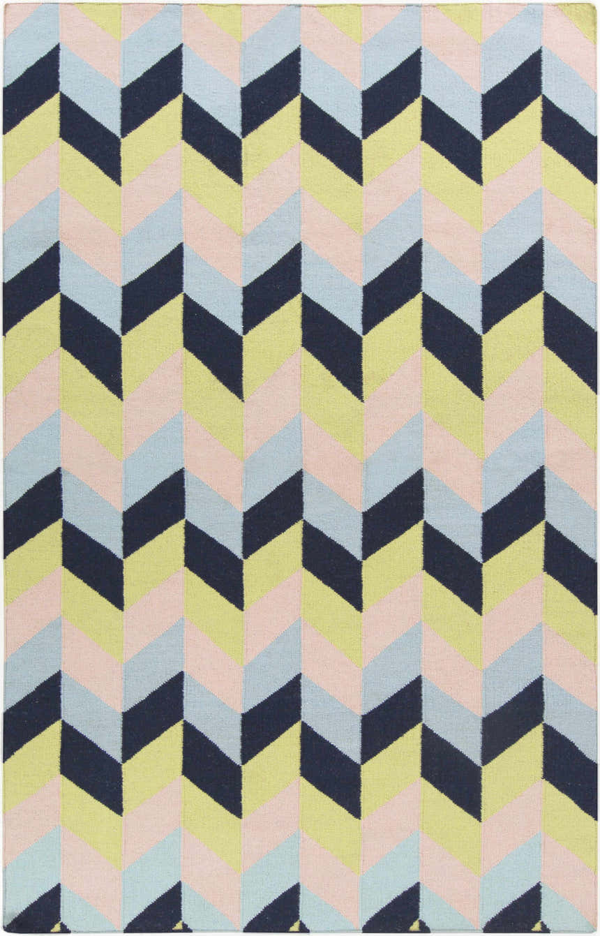 Hand woven Pojoaque Area Carpet with a contemporary chevron pattern in dark blue, pink, olive, and pale blue. Design-Rectangle-58