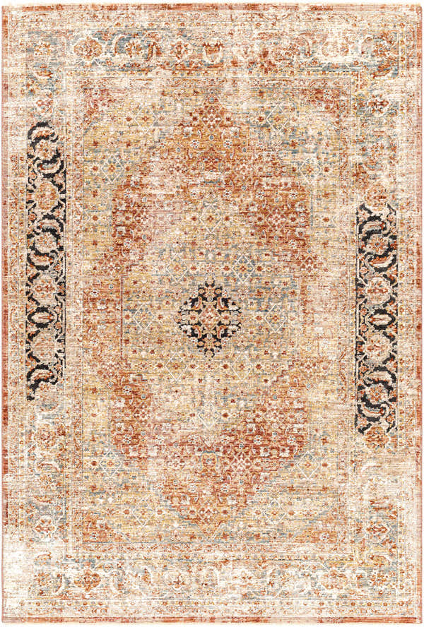 Detailed Polomolok Luxe Performance Rug showing traditional oriental design in brick red, cream, burnt orange, and black. Design-Rectangle-575