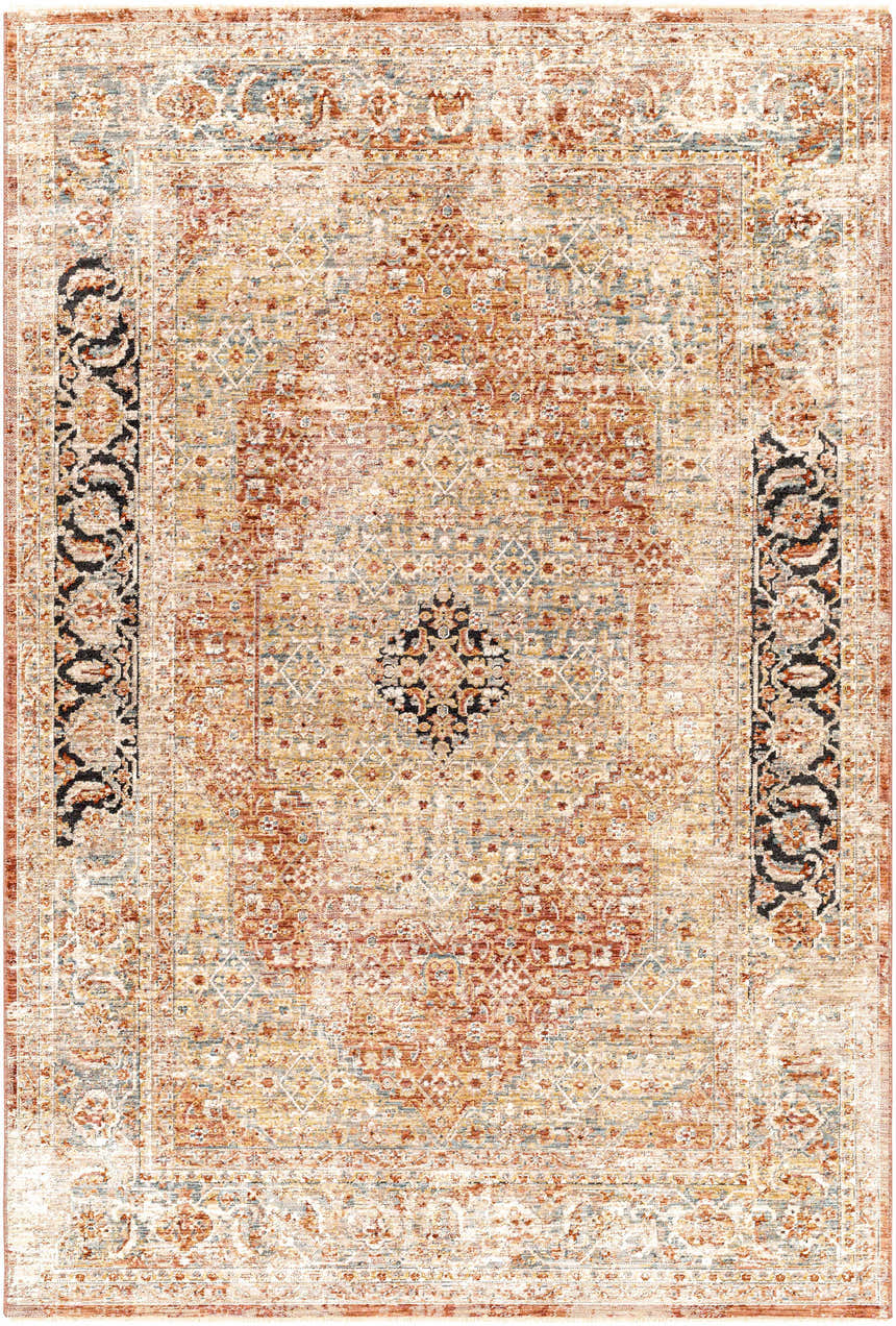 Detailed Polomolok Luxe Performance Rug showing traditional oriental design in brick red, cream, burnt orange, and black. Design-Rectangle-575