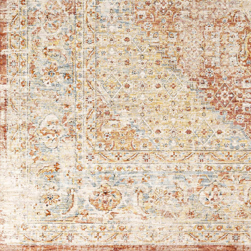 Close-up of the Polomolok Luxe Performance Rug. Traditional oriental pattern in cream, brick red, blue, and burnt orange tones. Swatch