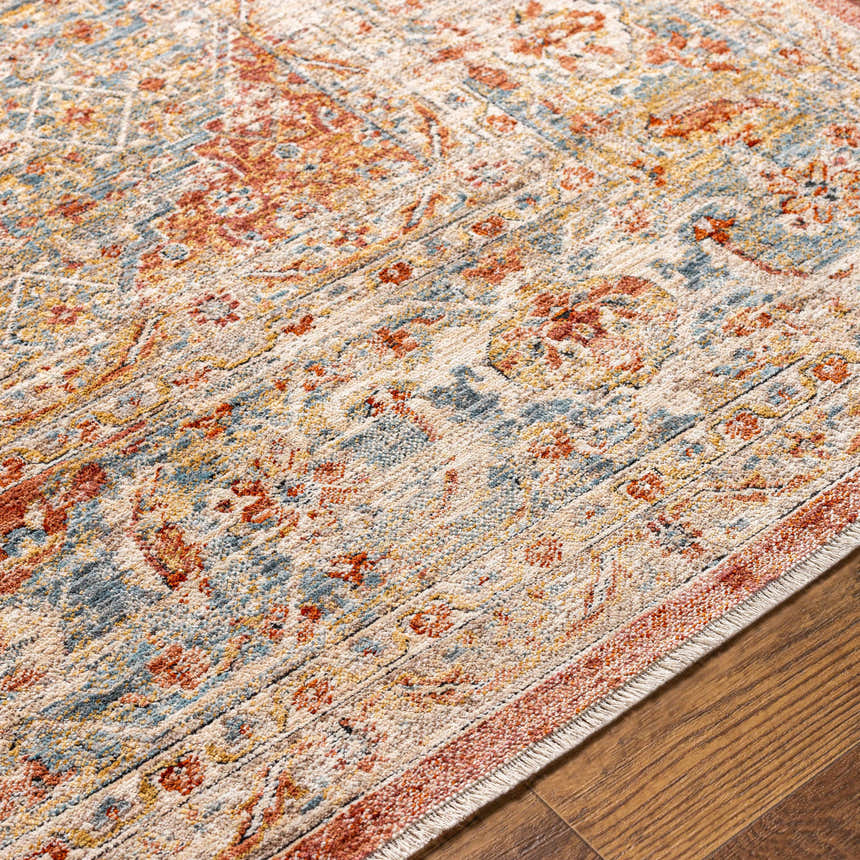 Close-up of the Polomolok Luxe Performance Rug. Traditional oriental design in cream, brick red, burnt orange, and denim blue. Texture