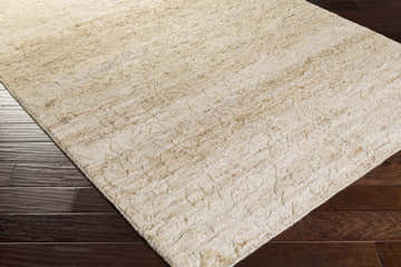 Close-up of a beige Pomaria Area Rug with a subtle pattern on dark wood flooring. Hand-knotted jute texture. Corner