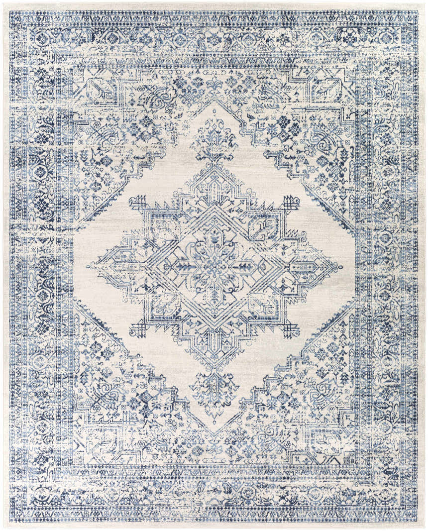 Detailed view of the Pooraka Area Rug, showcasing its light gray and navy bohemian-inspired, oriental design. Design-Rectangle-71010
