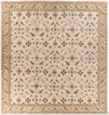 Detailed Postelle Wool Rug with a traditional floral pattern in brown, tan, and dusty sage. Hand-tufted texture. Design-Square-5