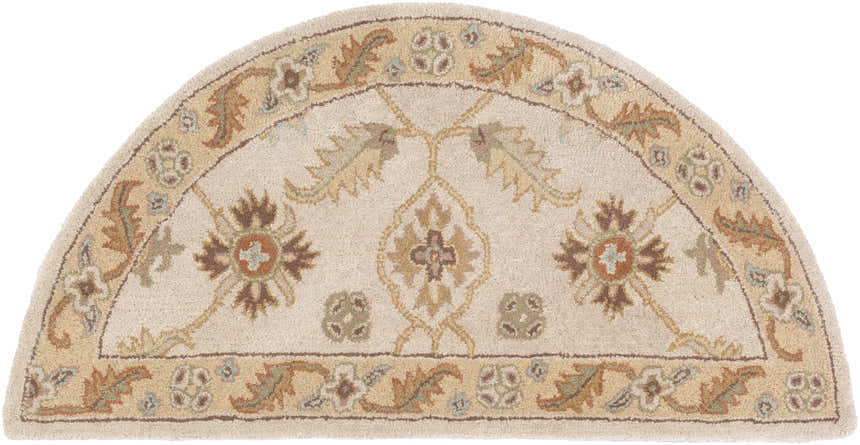 Close-up of the Postelle Wool Rug in hearth shape. Features a traditional floral pattern in brown, tan, and sage tones. Design-Hearth