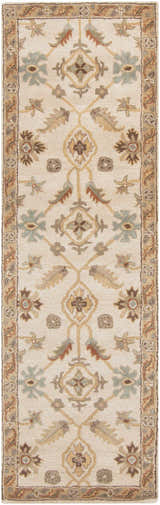 Detailed Postelle Wool Rug runner with a traditional floral pattern in brown, sage, and tan. Design-Runner-268