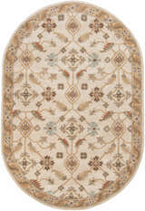 Close-up of oval Postelle Wool Rug. Beige rug with brown, sage, and red floral and geometric pattern. Design-Oval-69