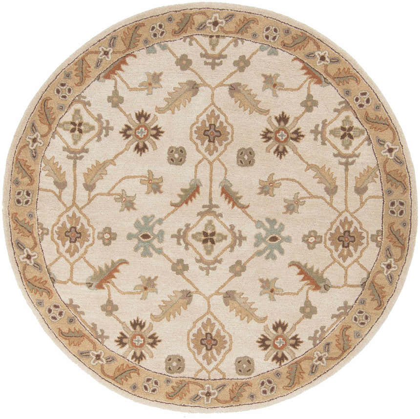 Close-up of round Postelle Wool Rug in tan, brown, and sage. Hand-tufted, traditional floral pattern. Clearance item. Design-Round-6