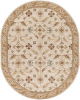 Oval Postelle Wool Rug in tan, brown, sage, and red. Hand-tufted traditional rug with floral and geometric pattern. Design-Oval-810