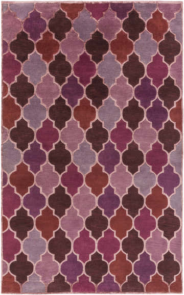 Powersville Area Rug close-up. Hand-knotted wool rug with a contemporary quatrefoil pattern in brick red, plum, and mauve hues. Design-Rectangle-58