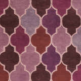 Close-up of the Powersville Area Rug. Hand-knotted wool rug in brick red, plum, mauve, and dark plum with a geometric pattern. Swatch