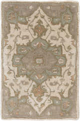Close-up of the Broomfield Hand Tufted Sage 1143 Area Rug. Beige wool rug with traditional oriental pattern and sage, brown, and gray accents. Design-Rectangle-23