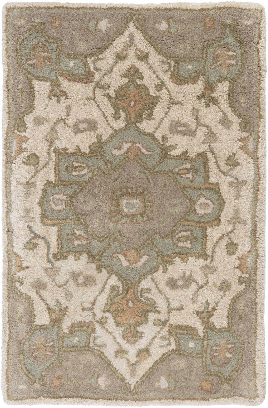Close-up of the Broomfield Hand Tufted Sage 1143 Area Rug. Beige wool rug with traditional oriental pattern and sage, brown, and gray accents. Design-Rectangle-23