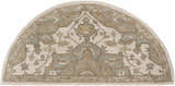 Close-up of the Broomfield Hand Tufted Sage 1143 Area Rug. Hearth shape with beige, sage, tan, and brown traditional design. Design-Hearth