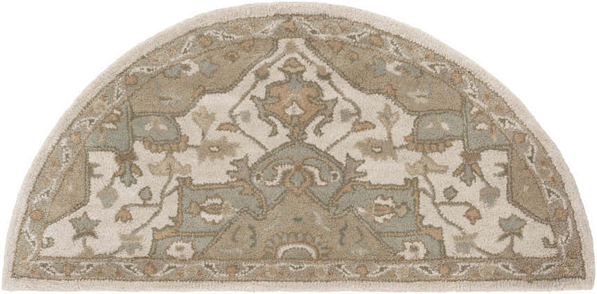 Close-up of the Broomfield Hand Tufted Sage 1143 Area Rug. Hearth shape with beige, sage, tan, and brown traditional design. Design-Hearth