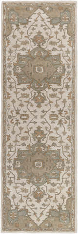 Detailed Broomfield Hand Tufted Sage runner rug with beige, brown, and sage floral oriental pattern. Design-Runner-268