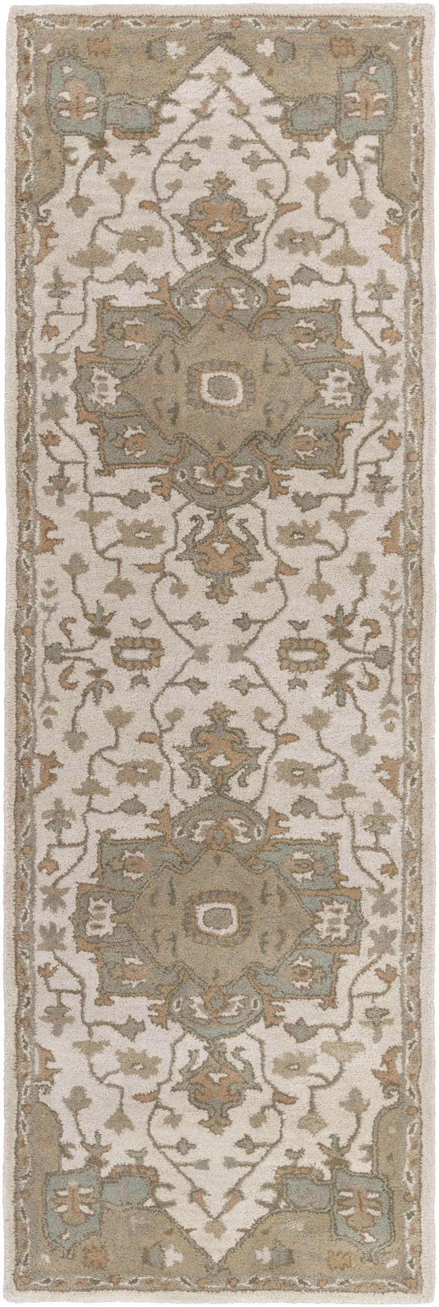 Detailed Broomfield Hand Tufted Sage runner rug with beige, brown, and sage floral oriental pattern. Design-Runner-268