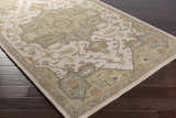 Close-up of the Broomfield Hand Tufted Sage 1143 Area Rug showing its beige, sage, and brown traditional pattern. Corner