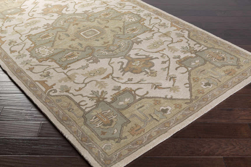Close-up of the Broomfield Hand Tufted Sage 1143 Area Rug showing its beige, sage, and brown traditional pattern. Corner
