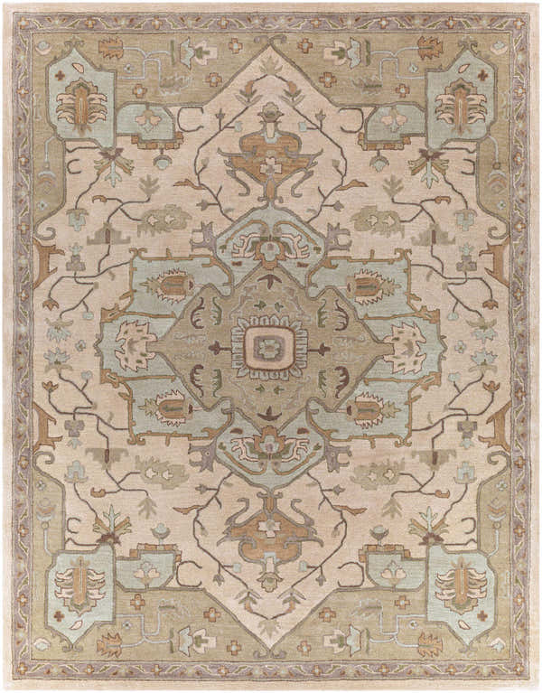 Detailed Broomfield Hand Tufted Sage Area Rug with beige, brown, and sage green oriental design. Design-Rectangle-7696