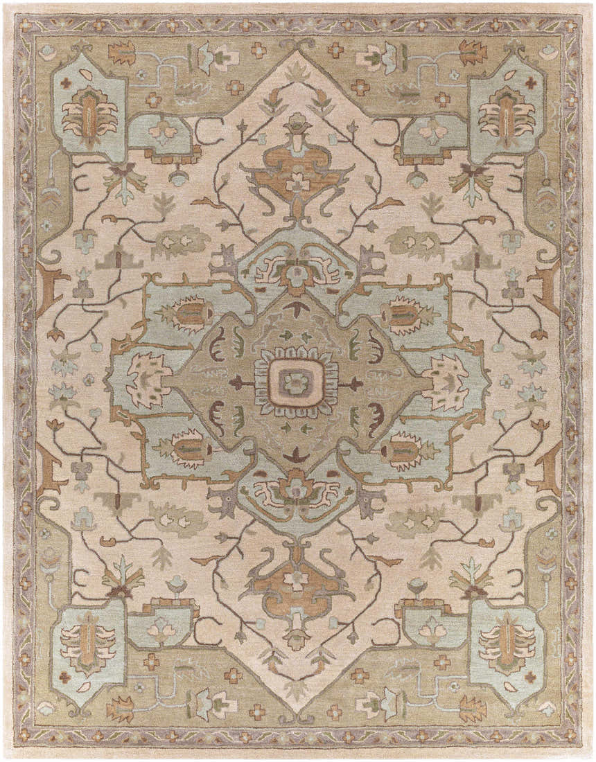 Detailed Broomfield Hand Tufted Sage Area Rug with beige, brown, and sage green oriental design. Design-Rectangle-7696