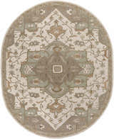 Close-up of the oval Broomfield Hand Tufted Sage 1143 Area Rug, showcasing beige, sage, and brown traditional design. Design-Oval-810