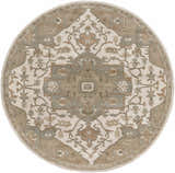 Detailed round Broomfield Hand Tufted Sage 1143 Area Rug with beige, tan, sage, and brown oriental-inspired pattern. Design-Round-8