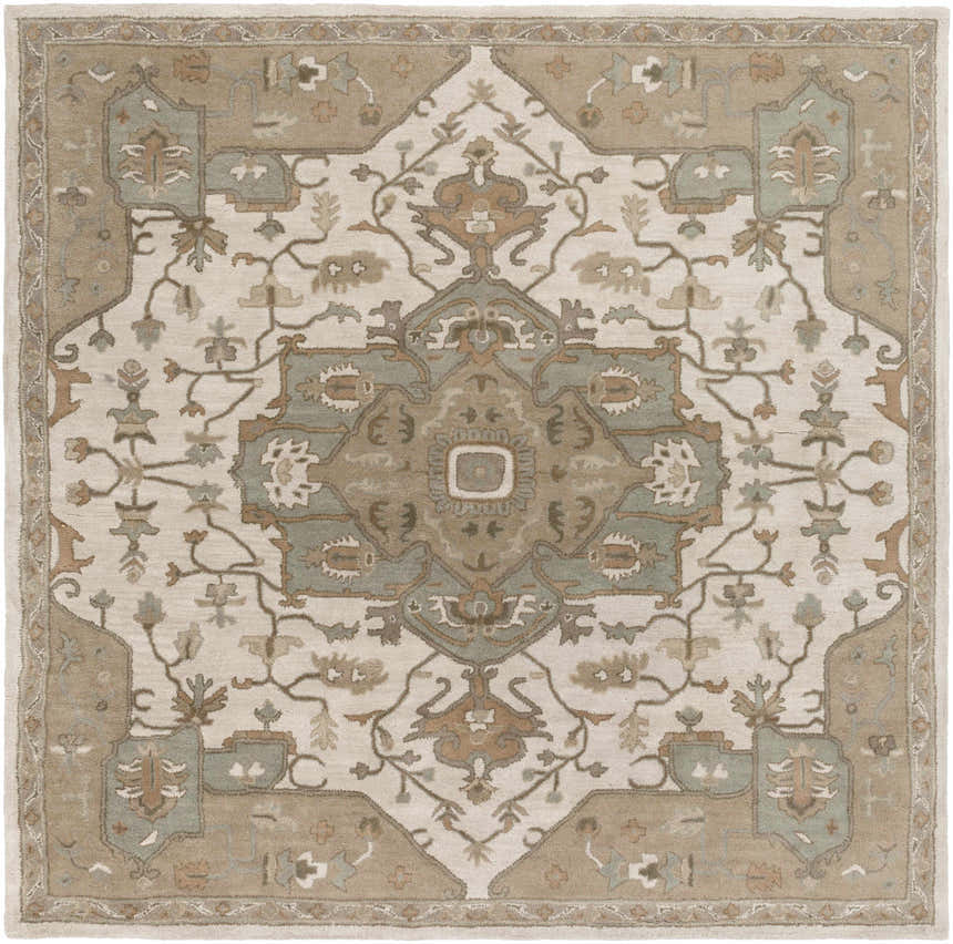 Detailed square Broomfield Hand Tufted Sage 1143 Area Rug with beige, brown, gray, and sage floral pattern. Design-Square-8