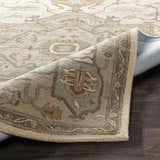 Close-up of the Broomfield Hand Tufted Sage 1143 Area Rug showing the beige, sage, brown, and gray traditional pattern. Fold