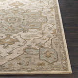 Close-up of Broomfield Hand Tufted Sage 1143 Area Rug. Wool rug with beige, sage, and brown traditional design. Front