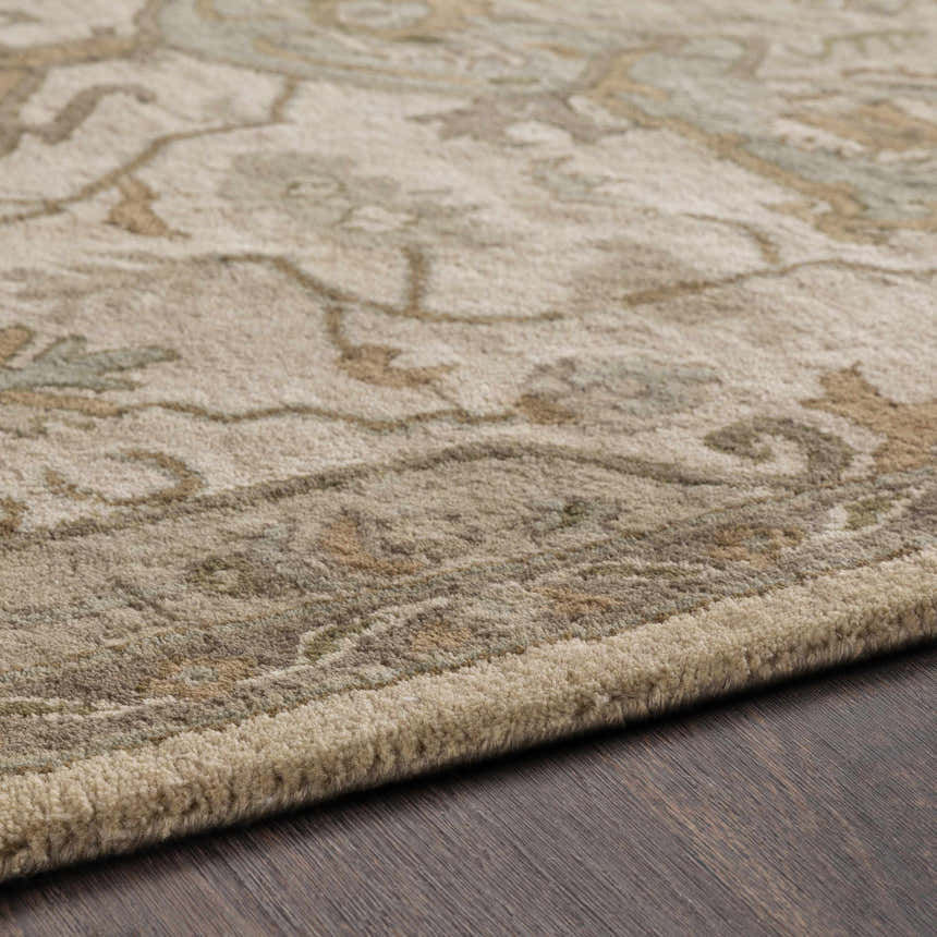 Close up of the Broomfield Hand Tufted Sage 1143 Area Rug showing beige, sage, and brown traditional floral pattern. Texture
