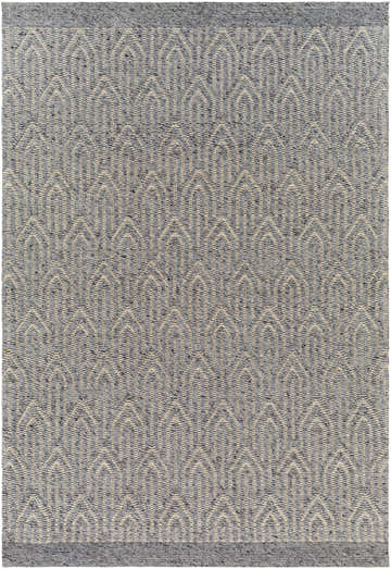 Close-up of the Peri Area Rug in dark gray and light gray with a geometric, hand-woven design. Design-Rectangle-576