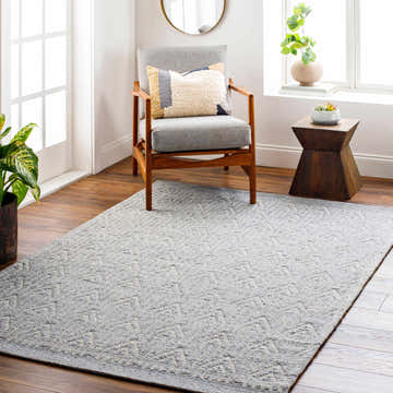 Living room scene with gray Peri Area Rug, wood floors, gray chair, and natural light. Roomscene-Rectangle