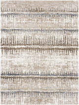 Close-up of the Prees Area Rug. Contemporary design in cloud gray, cream, and light blue hues with a horizontal striped pattern. Design-Rectangle-537