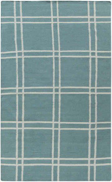 Close-up of the Price Area Carpet - Clearance. Hand-woven wool rug in pale blue with a contemporary white grid pattern. Design-Rectangle-58