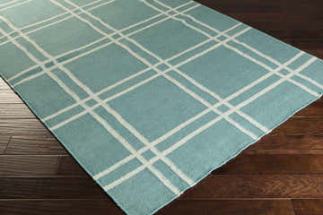 Close-up of a hand-woven Price Area Carpet. Pale blue wool rug with a contemporary white grid pattern on dark wood floors. Corner