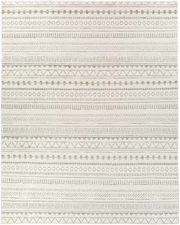 Close-up of the Parmelia Area Rug with a geometric, bohemian pattern in charcoal, light gray, and off-white. Design-Rectangle-710103
