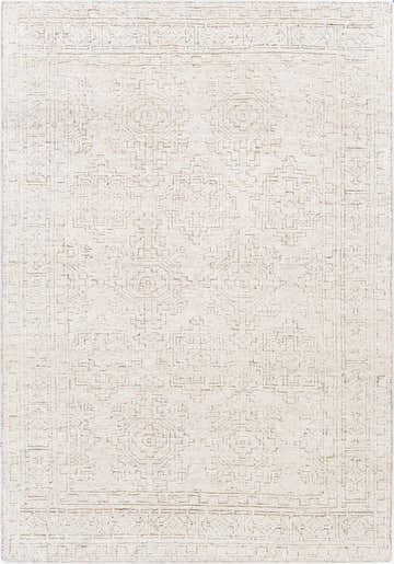 Close-up of the Probus Area Rug. Hand-knotted viscose rug in medium brown, gray, and white with a geometric pattern. Design-Rectangle-69