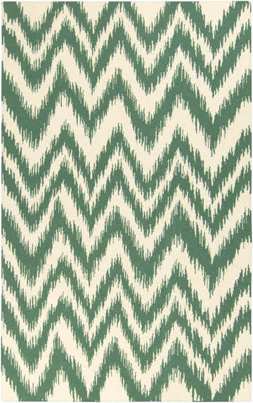 Close-up of Parsonsfield Area Rug: cream and medium green wool rug with a bohemian chevron pattern. Design-Rectangle