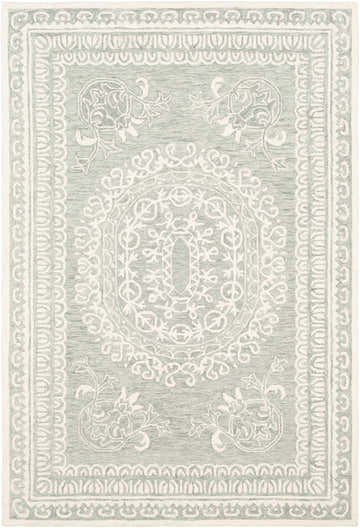 Close-up of Parson Ivory/Sage Wool Area Rug with a traditional floral pattern and sage green background. Design-Rectangle-576