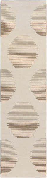 Close-up of Portstewart Area Rug. Hand-woven wool rug with a contemporary geometric pattern in brown, ivory, and sage. Design-Runner-268