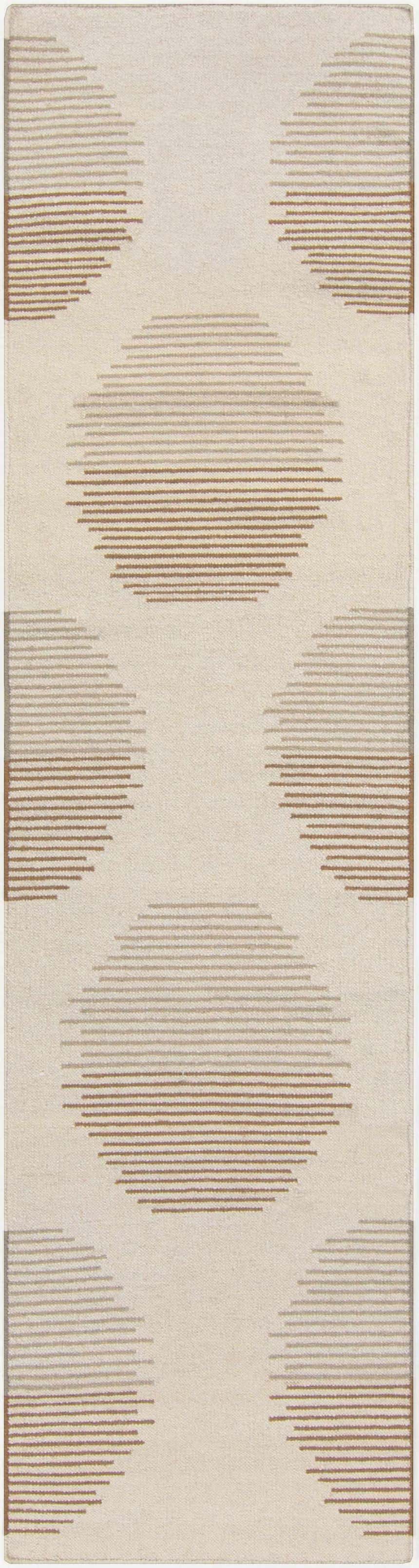 Close-up of Portstewart Area Rug. Hand-woven wool rug with a contemporary geometric pattern in brown, ivory, and sage. Design-Runner-268