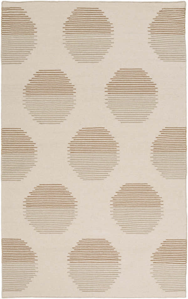 Close-up of the Portstewart Area Rug. Hand-woven wool rug with a geometric pattern in brown, ivory, and sage. Design-Rectangle-58
