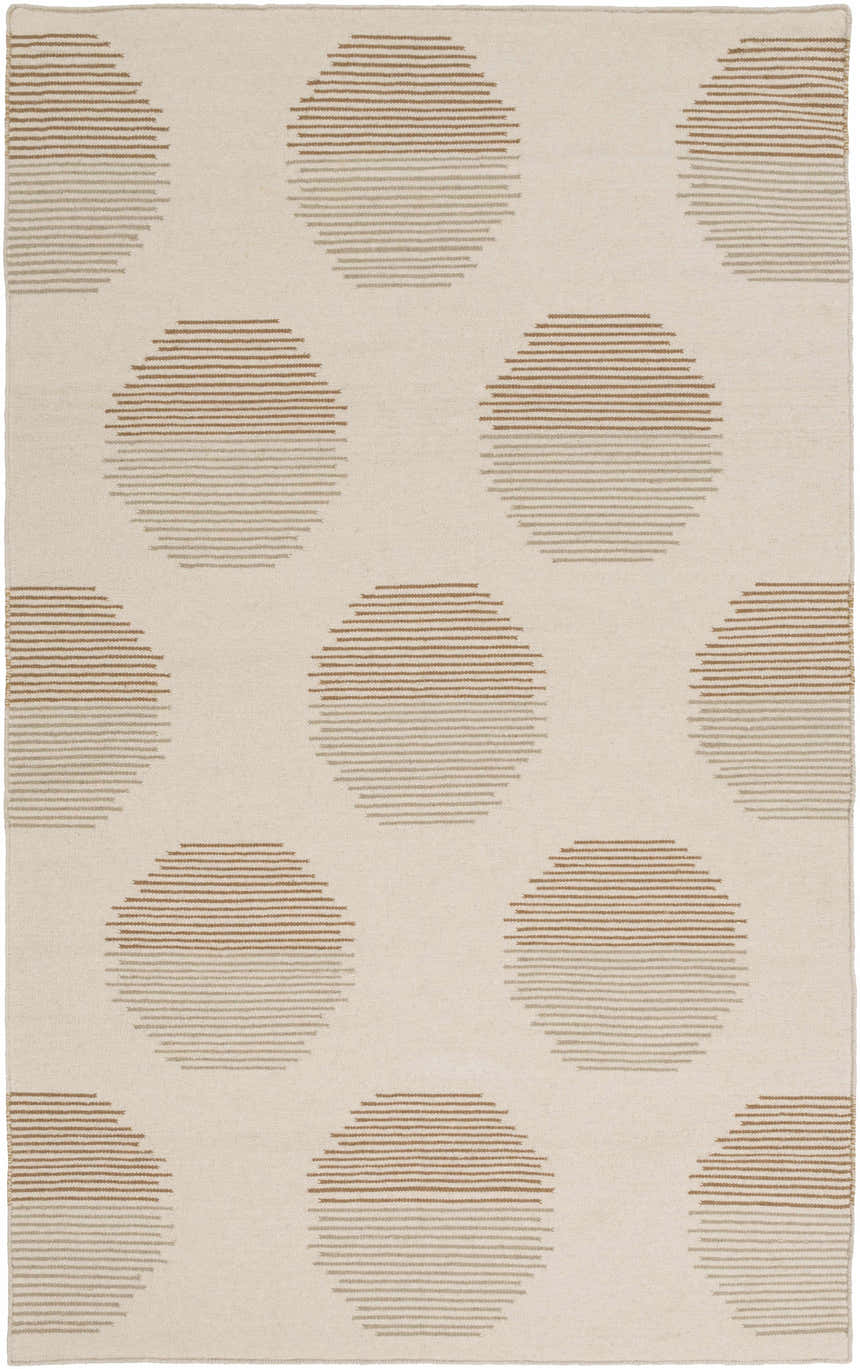 Close-up of the Portstewart Area Rug. Hand-woven wool rug with a geometric pattern in brown, ivory, and sage. Design-Rectangle-58
